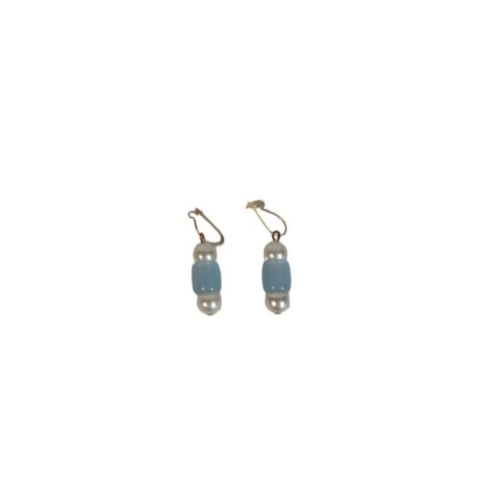 Handmade White and Blue Assorted Plastic Beads Small Lightweight Drop Earrings